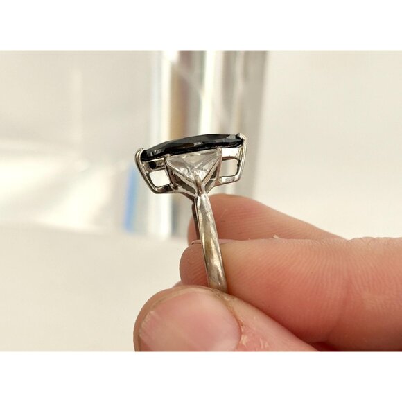 Black Onyx Marquise Cut Trillion Cut CZ 925 Sterling Silver Vintage Ring - sz 10 - Picture 9 of 15